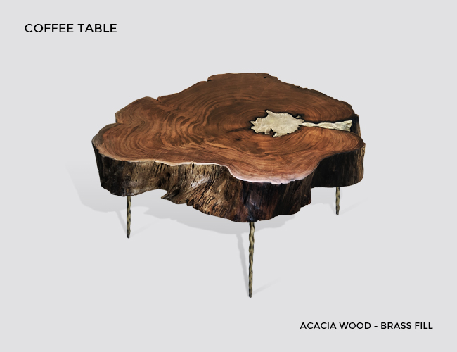 Side Table, Molten Wood Side Table, Molten Metal Side Table, Acacia Wood, Brass Fill, Molten Wood End Table