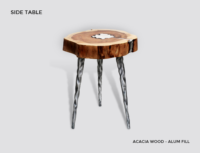 Coffee Table, Molten Wood Coffee table, Acacia Wood, Alum Fill, Aluminum Wood Furniture, Cast Aluminum Furniture, Molten Aluminum, Casting Metal into Wood